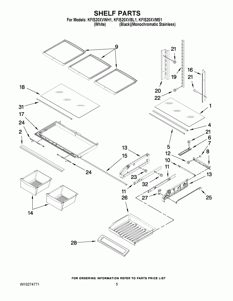 SHELF PARTS Diagram and Parts List for KFIS20XVMS1  KitchenAid Refrigerator