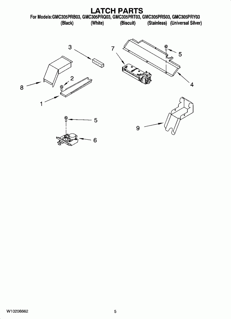 LATCH PARTS Diagram and Parts List for GMC305PRB03  Whirlpool Microwave Oven Combo
