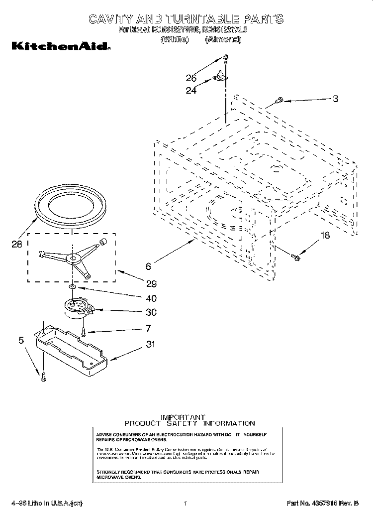CAVITY AND TURNTABLE Diagram and Parts List for KCMS122YAL0  KitchenAid Microwave