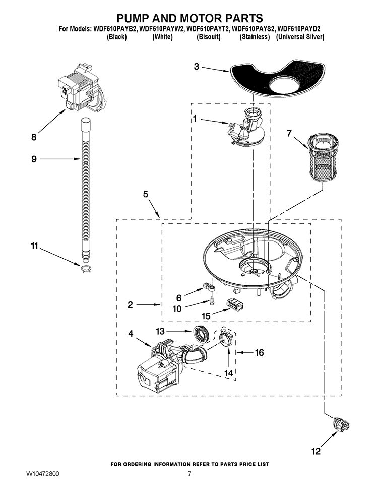 PUMP AND MOTOR PARTS Diagram and Parts List for WDF510PAYS2  Whirlpool Dishwasher