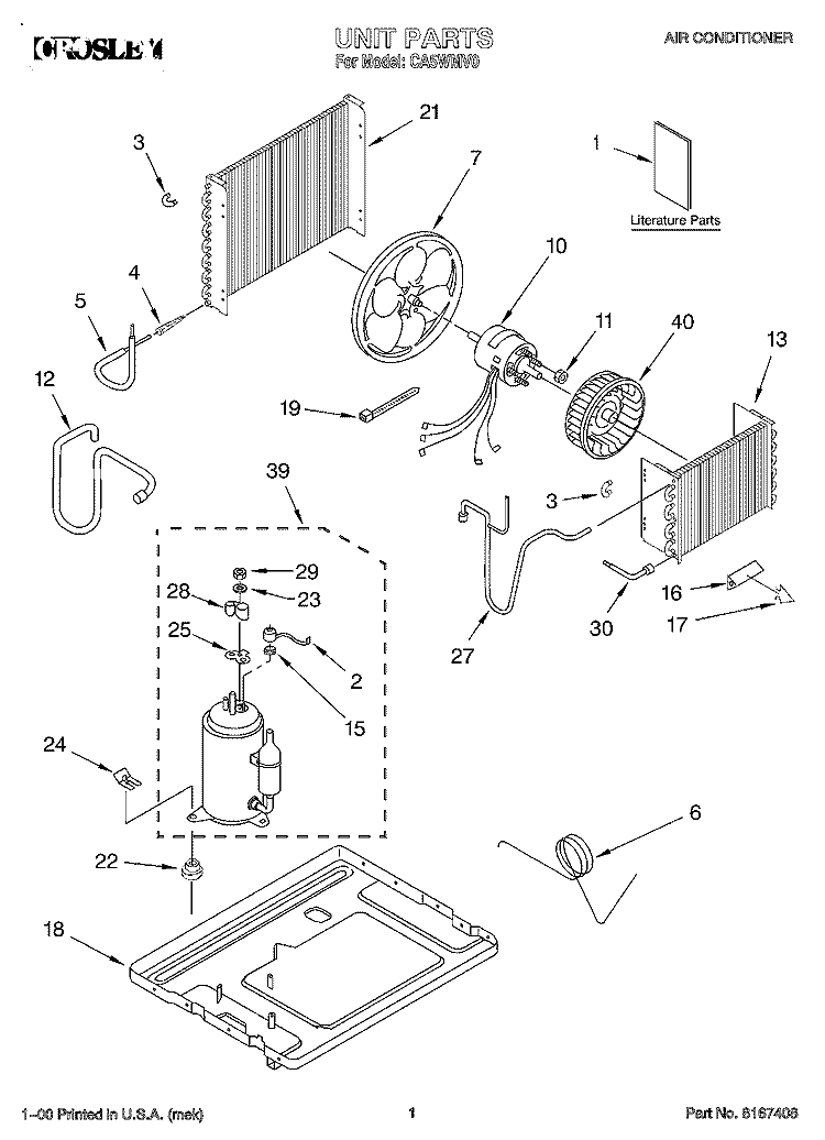 UNIT, LITERATURE Diagram and Parts List for CA5WMV0  Crosley Air Conditioner