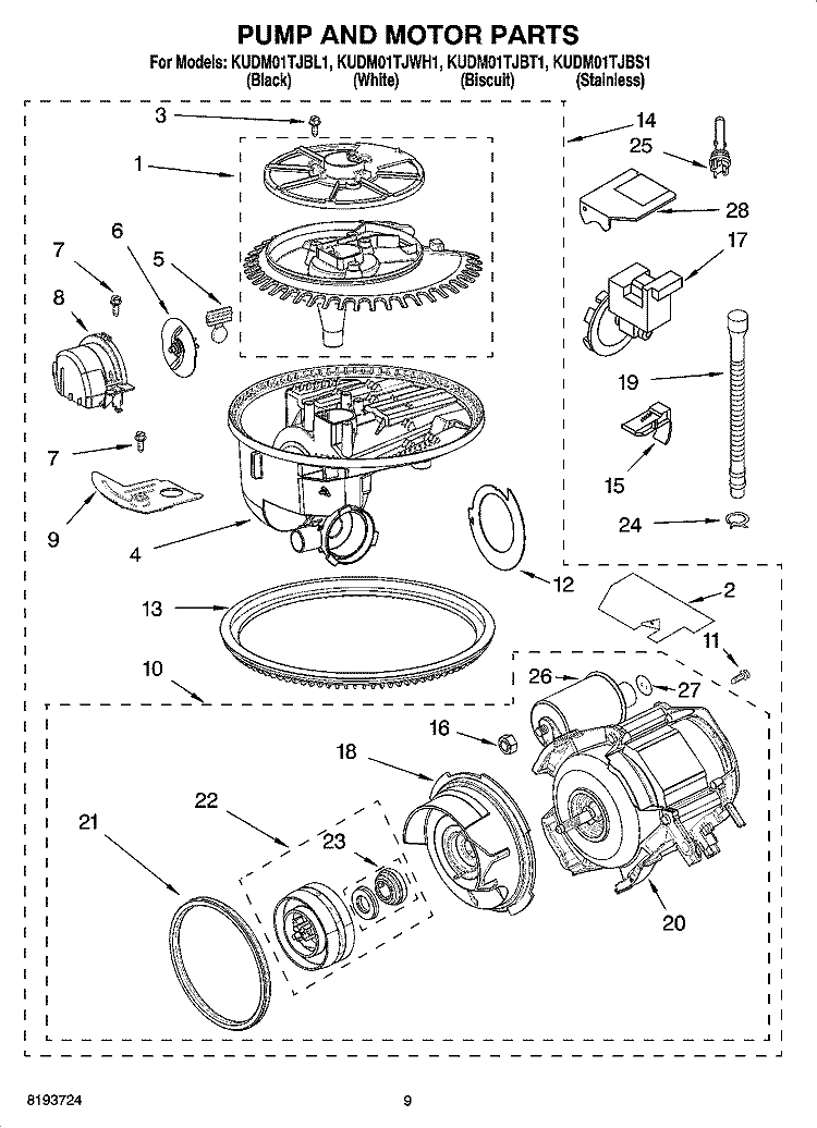 PUMP AND MOTOR PARTS Diagram and Parts List for KUDM01TJBT1  KitchenAid Dishwasher