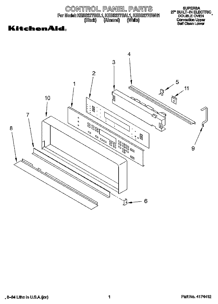 CONTROL PANEL, LIT/OPTIONAL Diagram and Parts List for KEBS277BAL1  KitchenAid Wall Oven