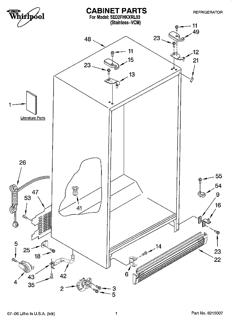 CABINET PARTS Diagram and Parts List for 5ED2FHKXRL03  Whirlpool Refrigerator