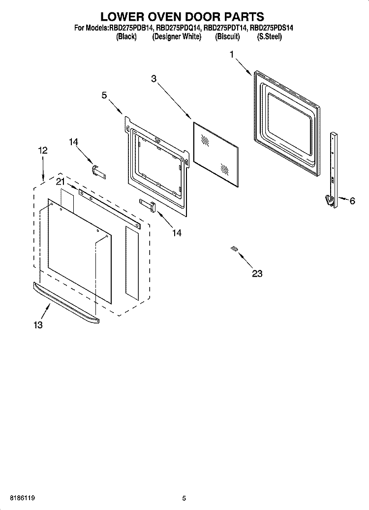 LOWER OVEN DOOR PARTS Diagram and Parts List for RBD275PDS14  Whirlpool Wall Oven