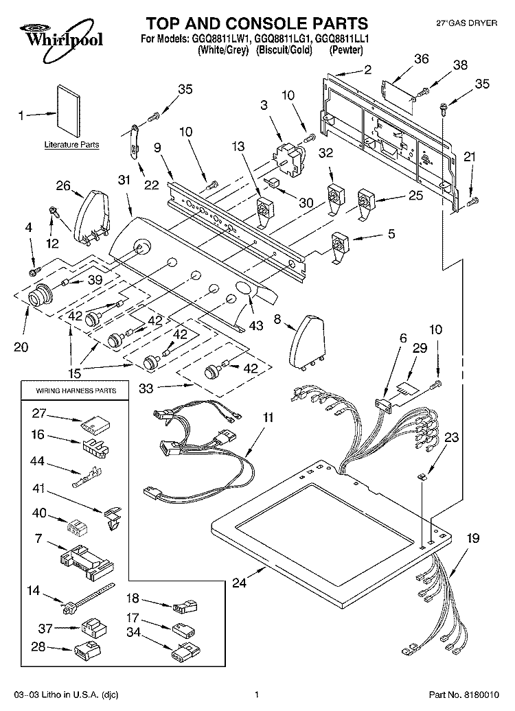 TOP AND CONSOLE PARTS Diagram and Parts List for GGQ8811LW1  Whirlpool Dryer