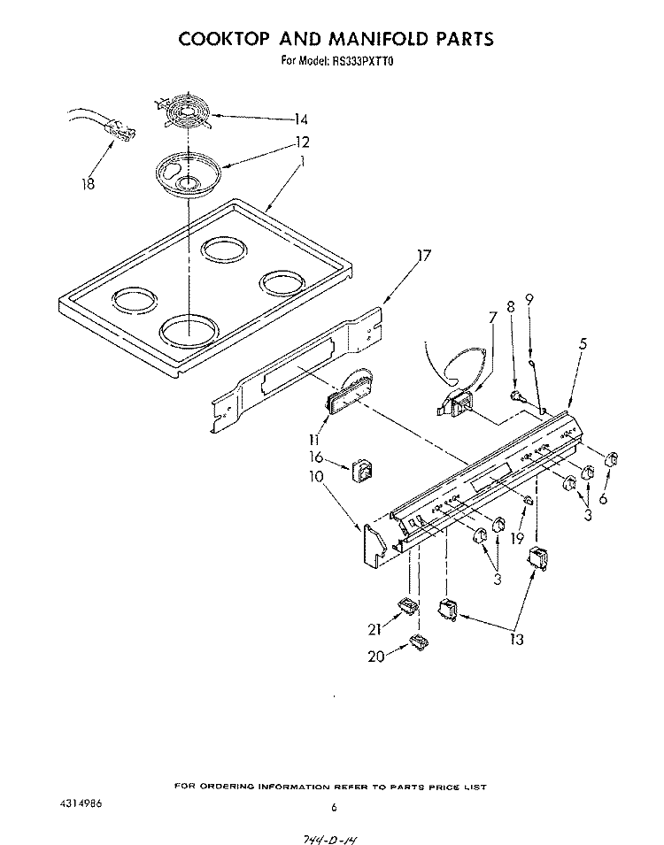 COOK TOP AND MANIFOLD Diagram and Parts List for RS333PXTT0  Whirlpool Range