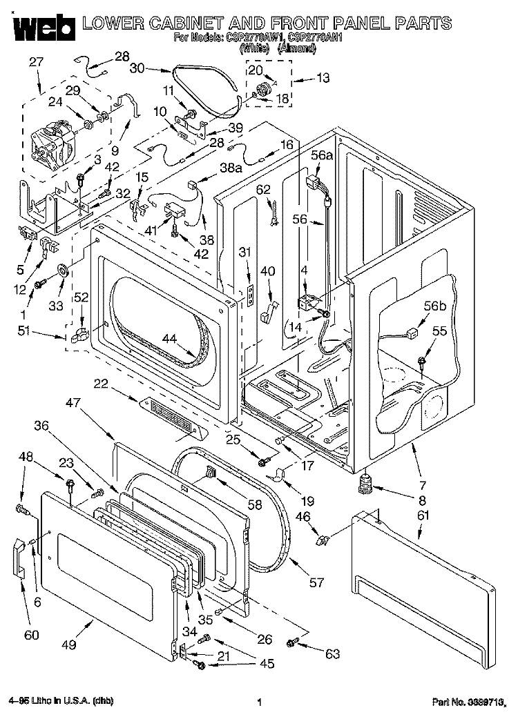 LOWER CABINET AND FRONT PANEL Diagram and Parts List for CSP2770AN1  Whirlpool Dryer