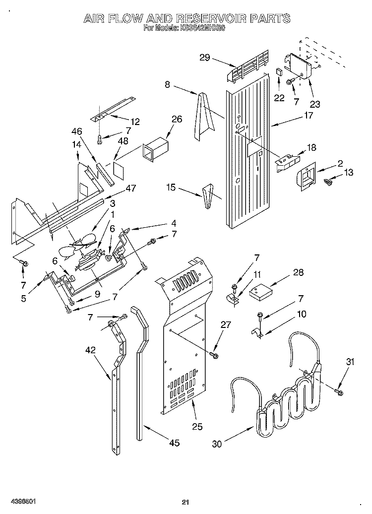 AIR FLOW AND RESERVOIR Diagram and Parts List for KSSS42MHX00  KitchenAid Refrigerator