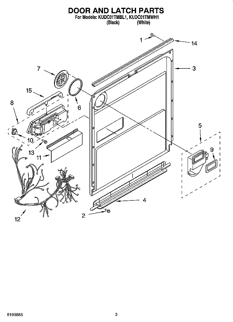 DOOR AND LATCH PARTS Diagram and Parts List for KUDC01TMBL1  KitchenAid Dishwasher