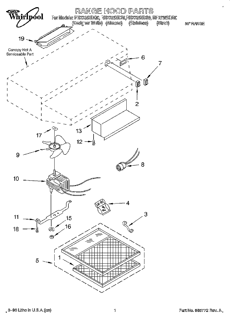 SECTION Diagram and Parts List for RH2736XDB0  Whirlpool Range Hood