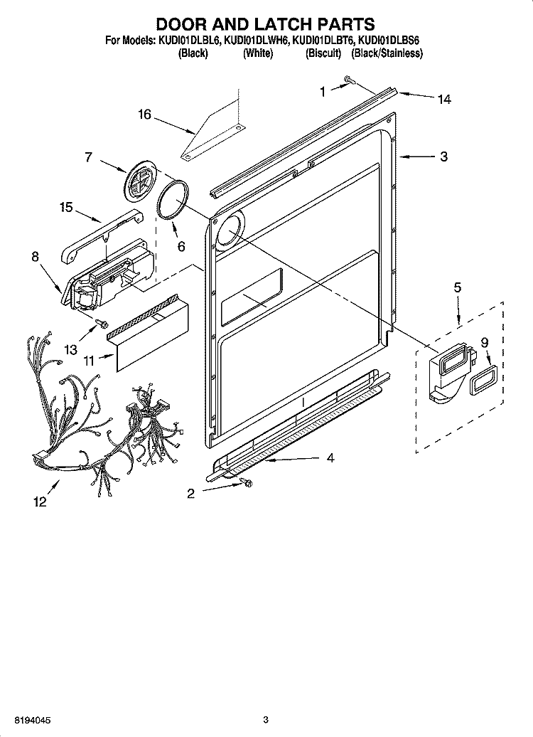 DOOR AND LATCH PARTS Diagram and Parts List for KUDI01DLBS6  KitchenAid Dishwasher