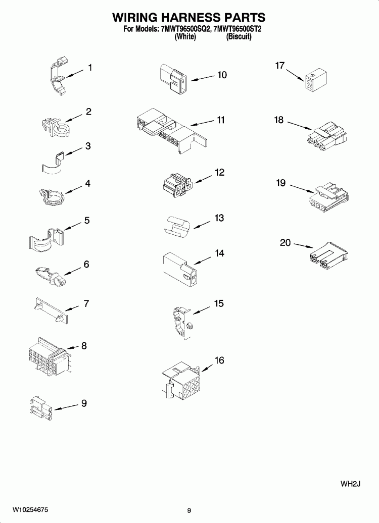 WIRING HARNESS PARTS Diagram and Parts List for 7MWT96500SQ2  Whirlpool Washer