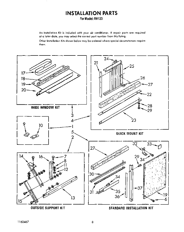 INSTALLATION Diagram and Parts List for RH123  Whirlpool Air Conditioner