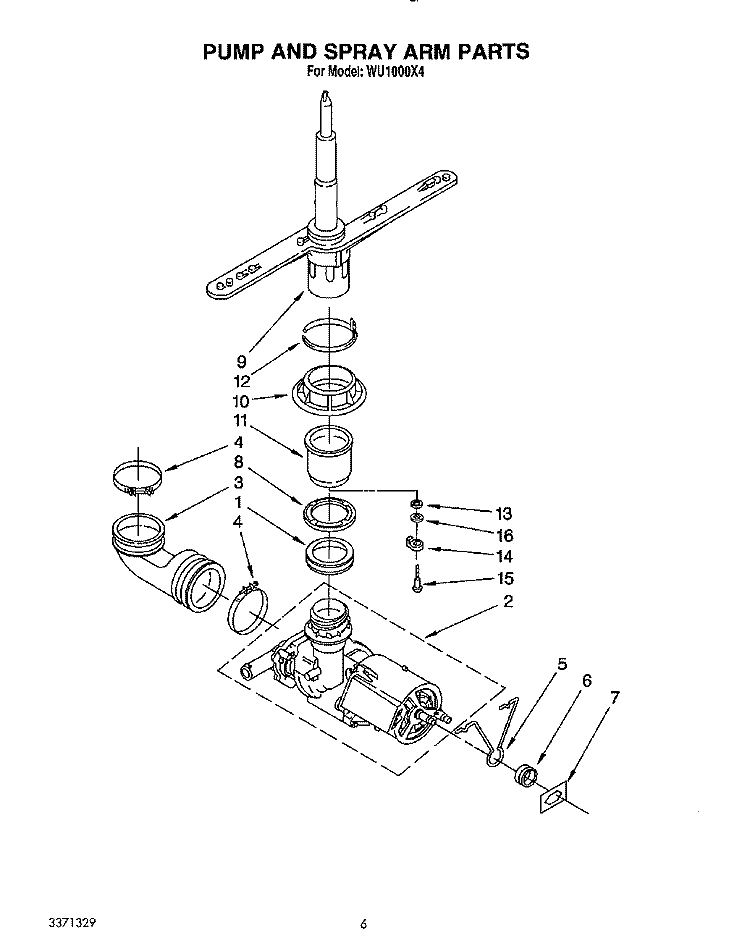 PUMP AND SPRAY ARM Diagram and Parts List for WU1000X4  Roper Dishwasher