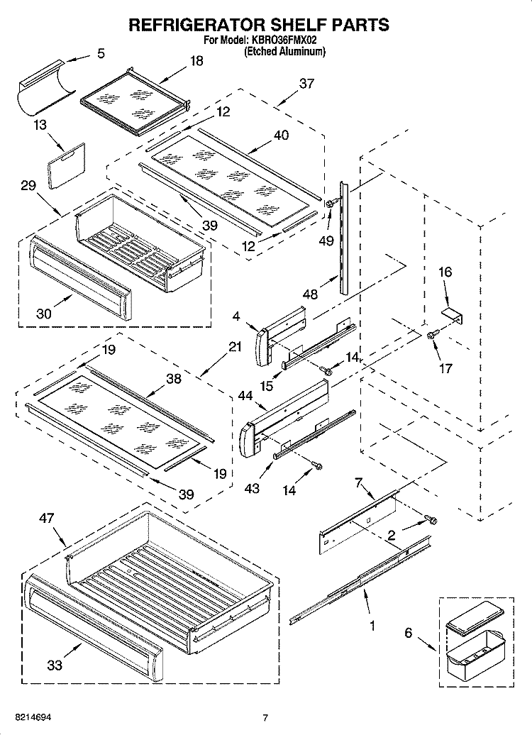 REFRIGERATOR SHELF PARTS Diagram and Parts List for KBRO36FMX02  KitchenAid Refrigerator