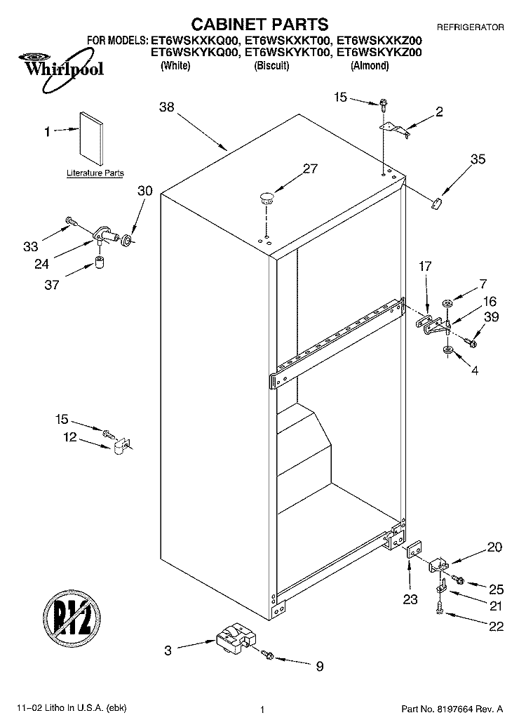 CABINET, LITERATURE Diagram and Parts List for ET6WSKYKZ00  Whirlpool Refrigerator