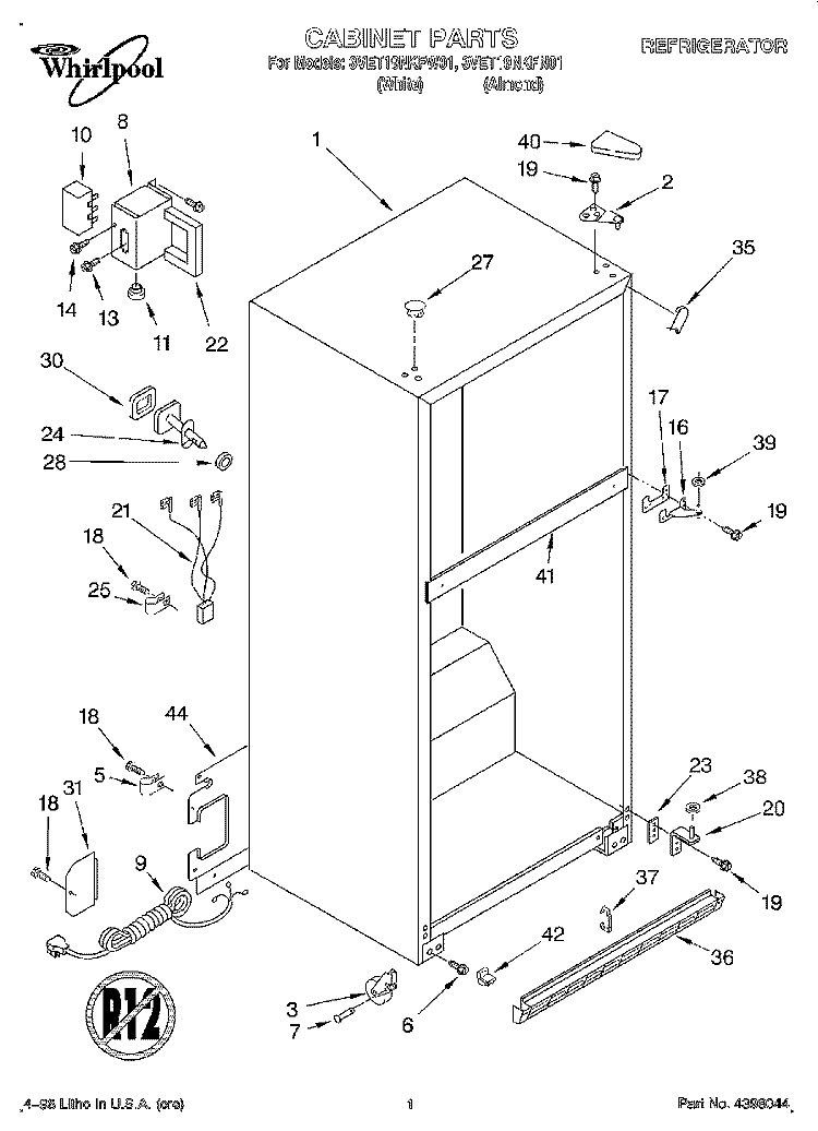 CABINET Diagram and Parts List for 3VET19NKFW01  Whirlpool Refrigerator