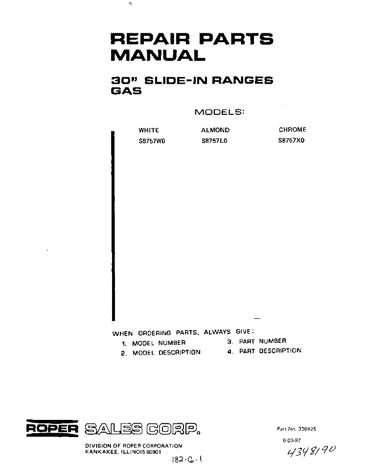 MAIN TOP Diagram and Parts List for S8757W1  Roper Range