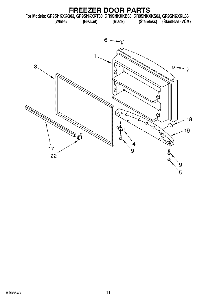 FREEZER DOOR PARTS, OPTIONAL PARTS Diagram and Parts List for GR9SHKXKT03  Whirlpool Refrigerator