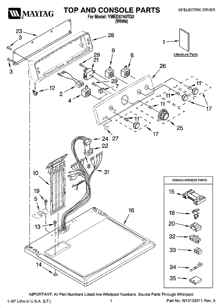TOP AND CONSOLE PARTS Diagram and Parts List for YMED5740TQ0  Maytag Dryer