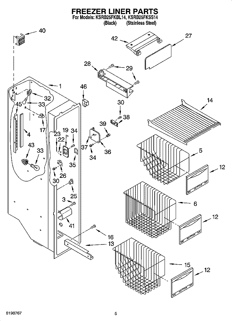FREEZER LINER PARTS Diagram and Parts List for KSRB25FKBL14  KitchenAid Refrigerator