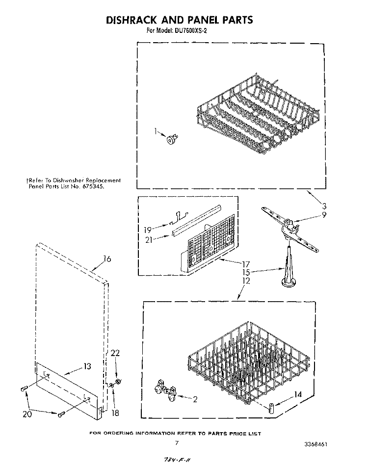 DISHRACK AND PANEL Diagram and Parts List for DU7600XS2  Whirlpool Dishwasher
