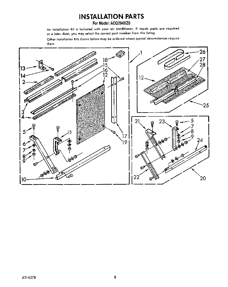 INSTALLATION PARTS Diagram and Parts List for ACQ294XZ0  Whirlpool Air Conditioner