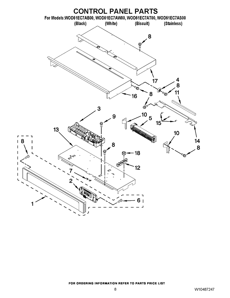 CONTROL PANEL PARTS Diagram and Parts List for WOD51EC7AB00  Whirlpool Wall Oven
