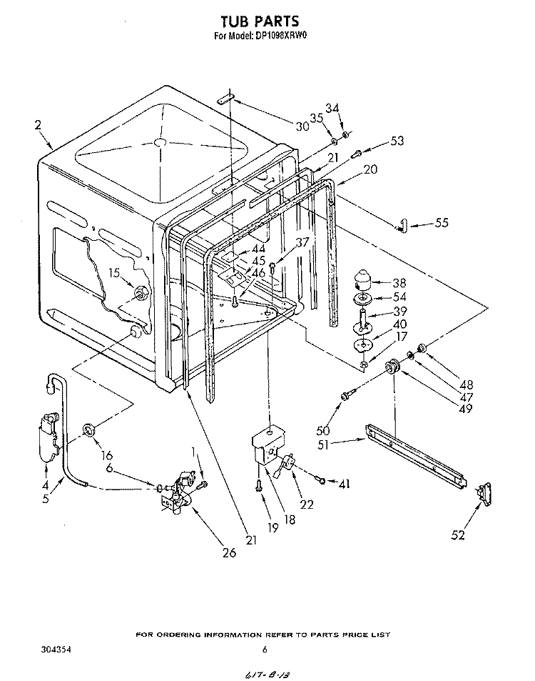 TUB , LITERATURE AND OPTIONAL Diagram and Parts List for DP1098XRN0  Whirlpool Dishwasher