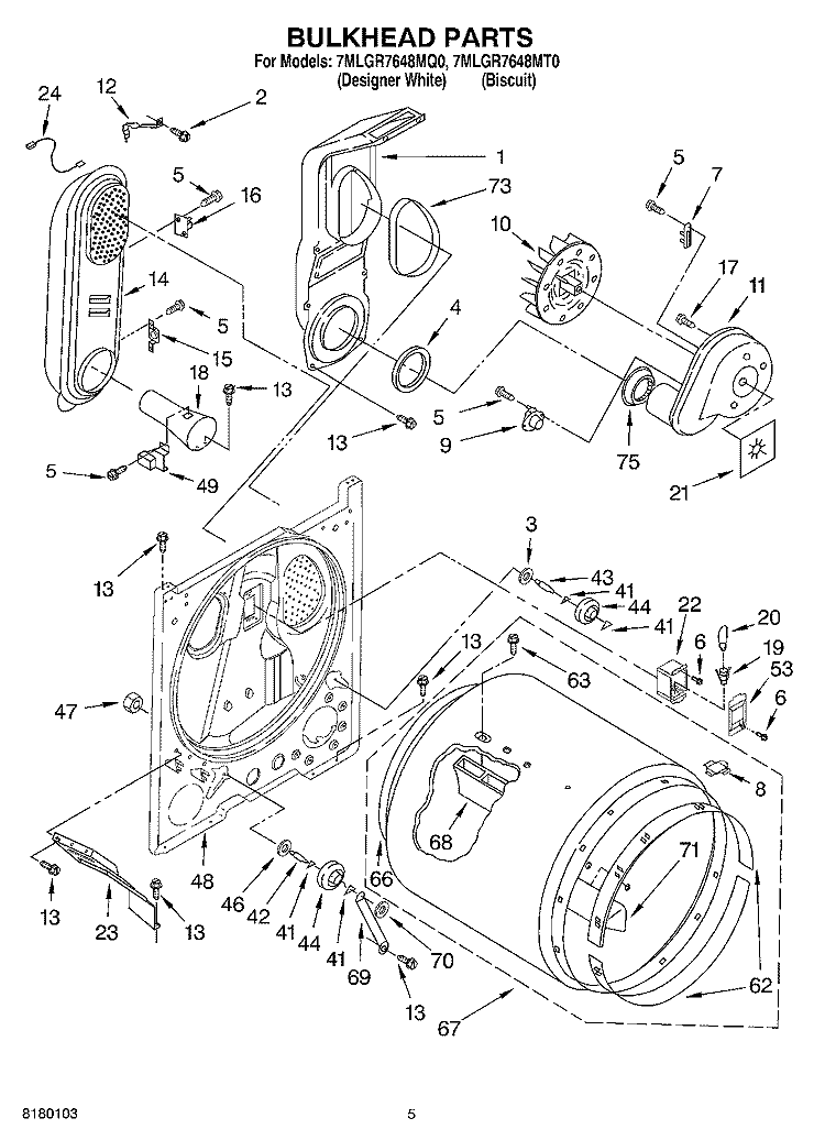 BULKHEAD PARTS Diagram and Parts List for 7MLGR7648MT0  Whirlpool Dryer
