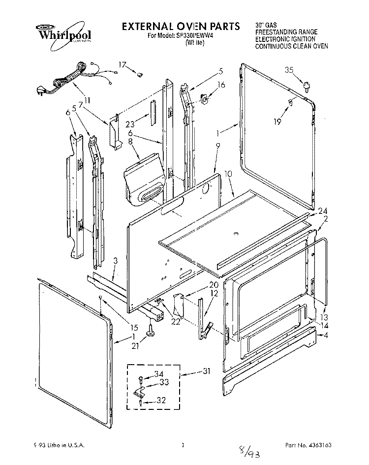 EXTERNAL OVEN Diagram and Parts List for SF330PEWW4  Whirlpool Range