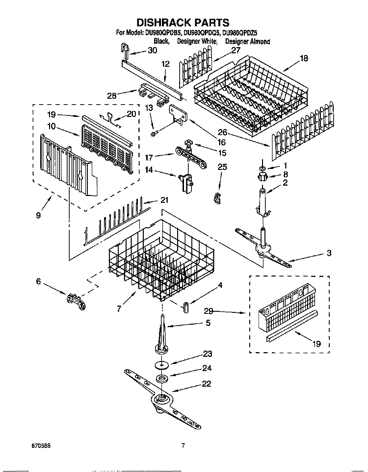 DISHRACK Diagram and Parts List for DU980QPDB5  Whirlpool Dishwasher