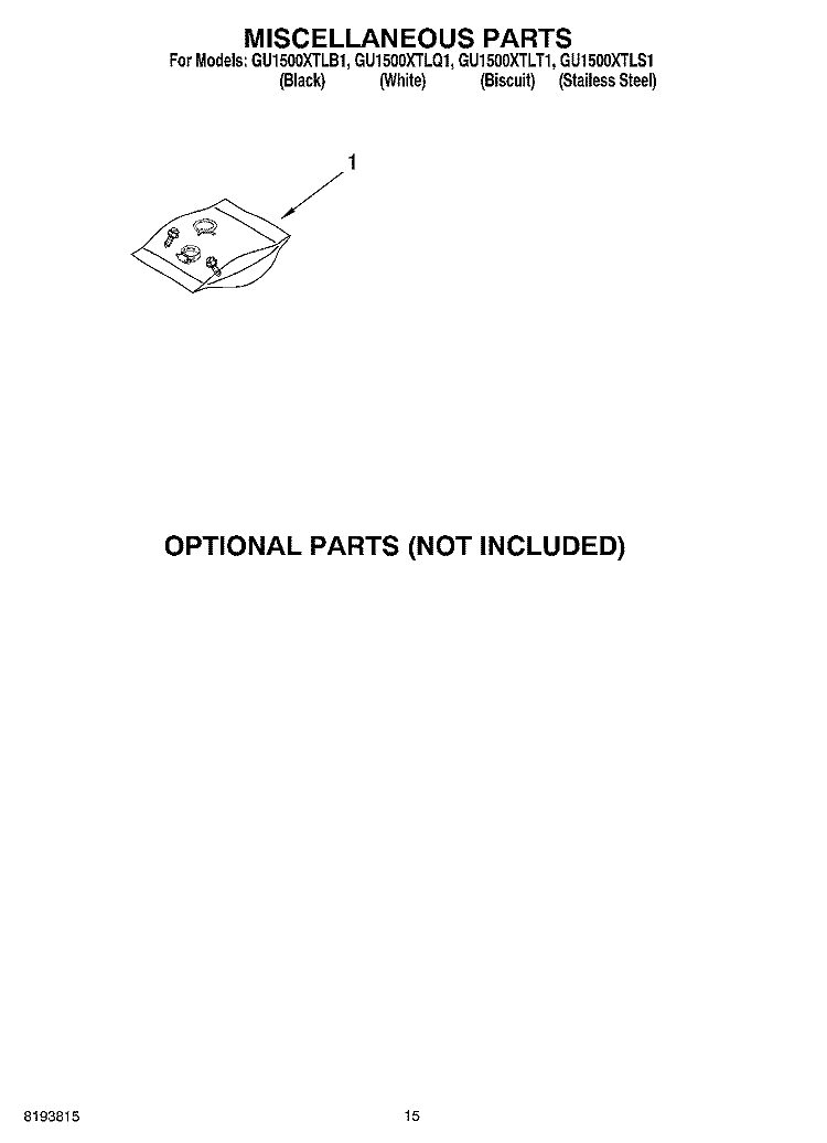 MISCELLANEOUS PARTS Diagram and Parts List for GU1500XTLT1  Whirlpool Dishwasher