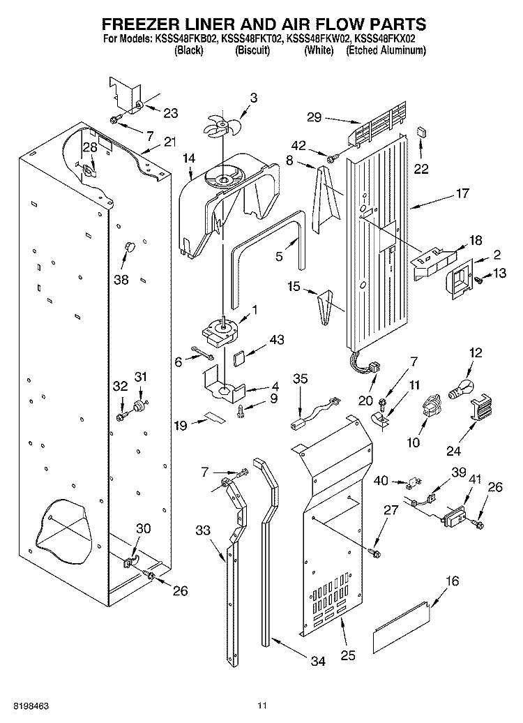 FREEZER LINER AND AIR FLOW PARTS Diagram and Parts List for KSSS48FKB02  KitchenAid Refrigerator