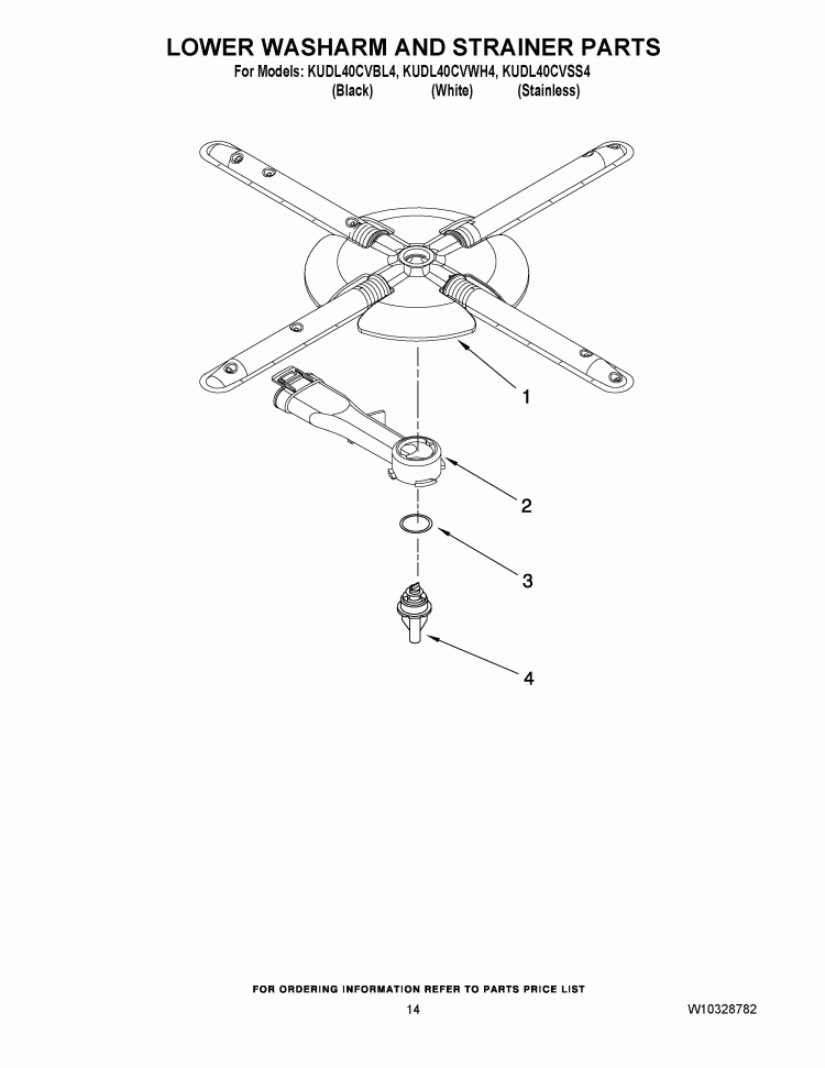 LOWER WASHARM AND STRAINER PARTS Diagram and Parts List for KUDL40CVBL4  KitchenAid Dishwasher
