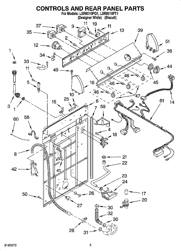 CONTROLS AND REAR PANEL PARTS Diagram and Parts List for LSR8010PQ1  Whirlpool Washer