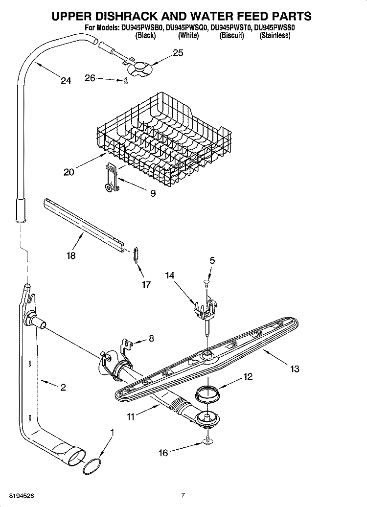 UPPER DISHRACK AND WATER FEED PARTS Diagram and Parts List for DU945PWSQ0  Whirlpool Dishwasher