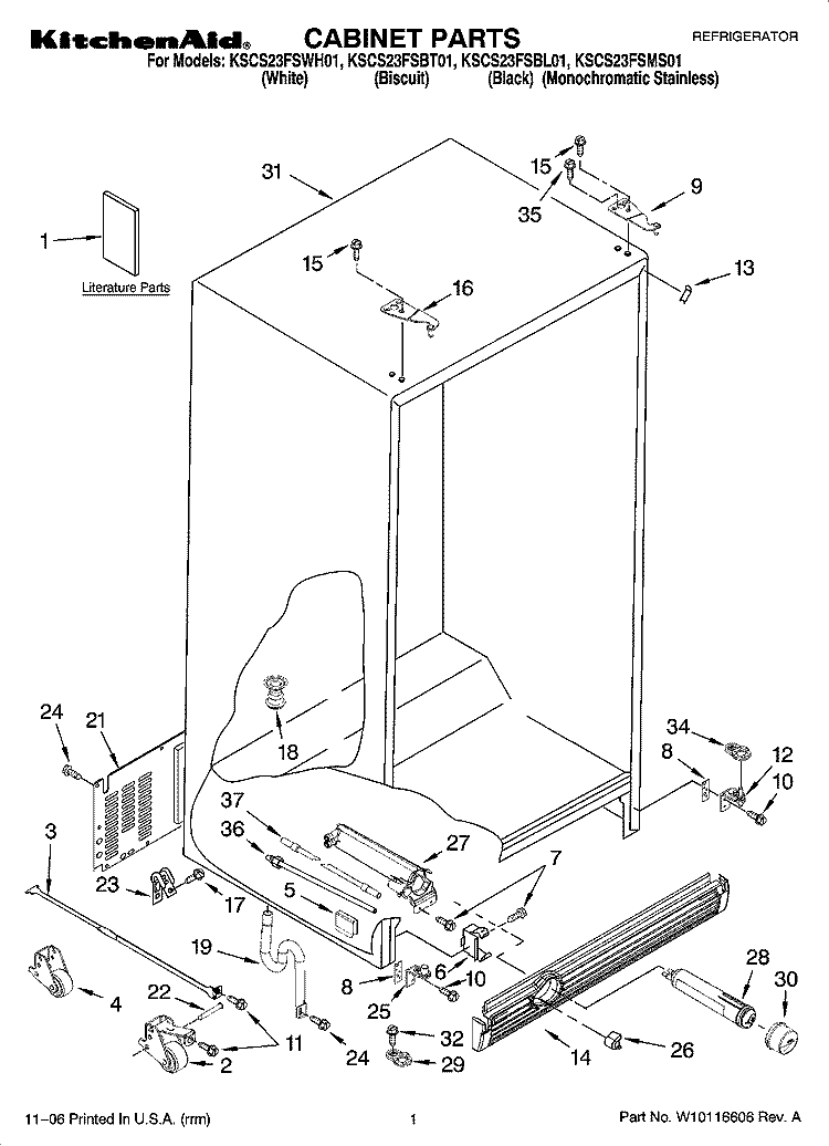 CABINET PARTS Diagram and Parts List for KSCS23FSBT01  KitchenAid Refrigerator