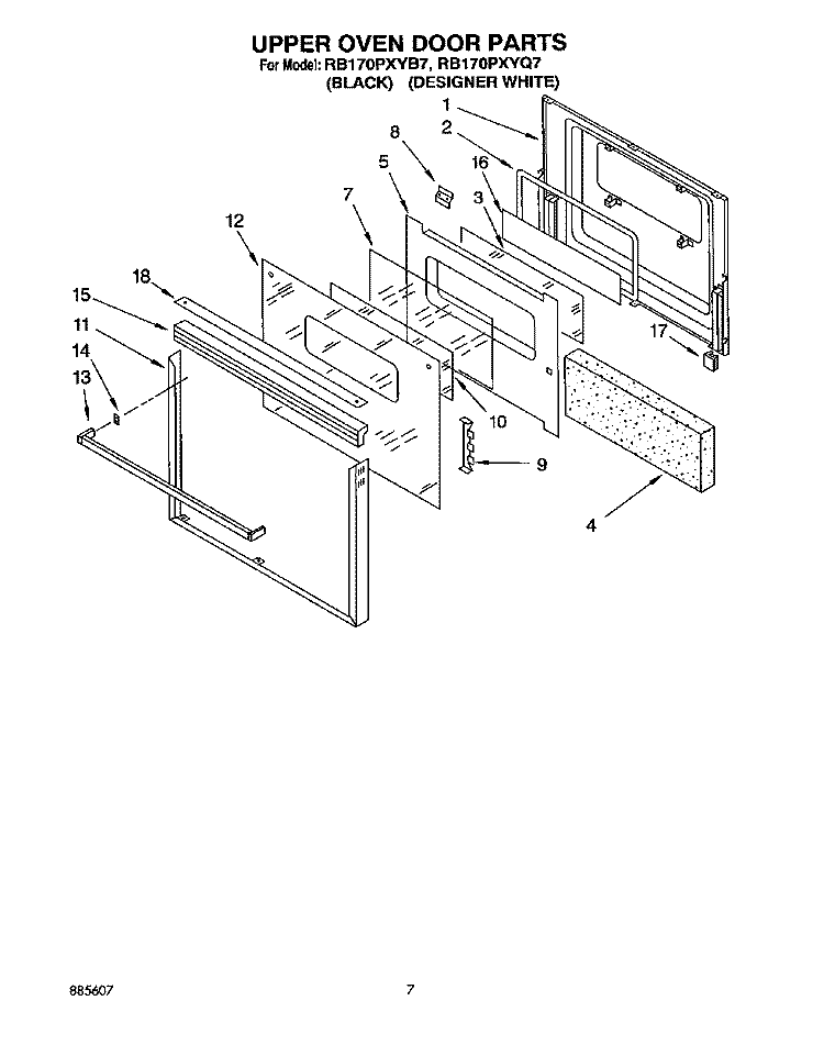UPPER OVEN DOOR Diagram and Parts List for RB170PXYB7  Whirlpool Wall Oven