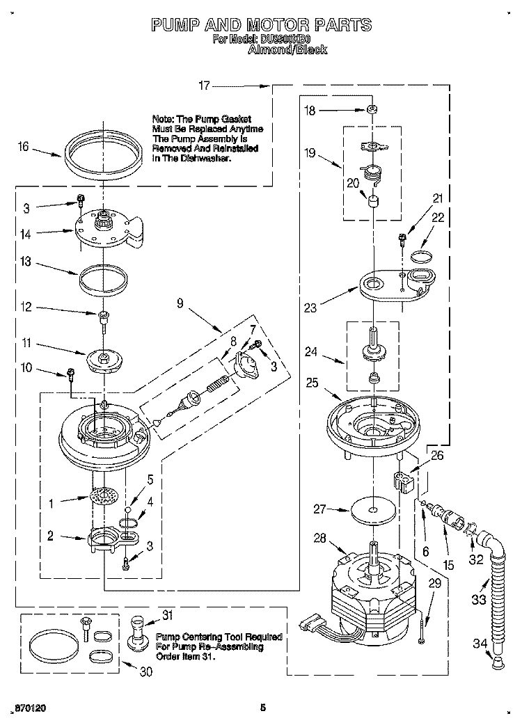 PUMP AND MOTOR Diagram and Parts List for DU8900XB0  Whirlpool Dishwasher