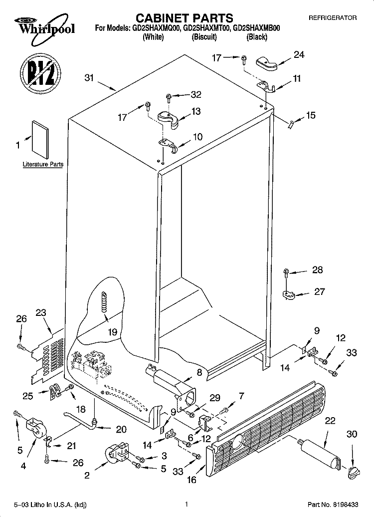 CABINET PARTS Diagram and Parts List for GD2SHAXMQ00  Whirlpool Refrigerator