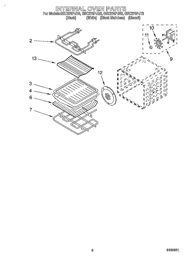 INTERNAL OVEN Diagram and Parts List for GSC278PJB3  Whirlpool Microwave Oven Combo