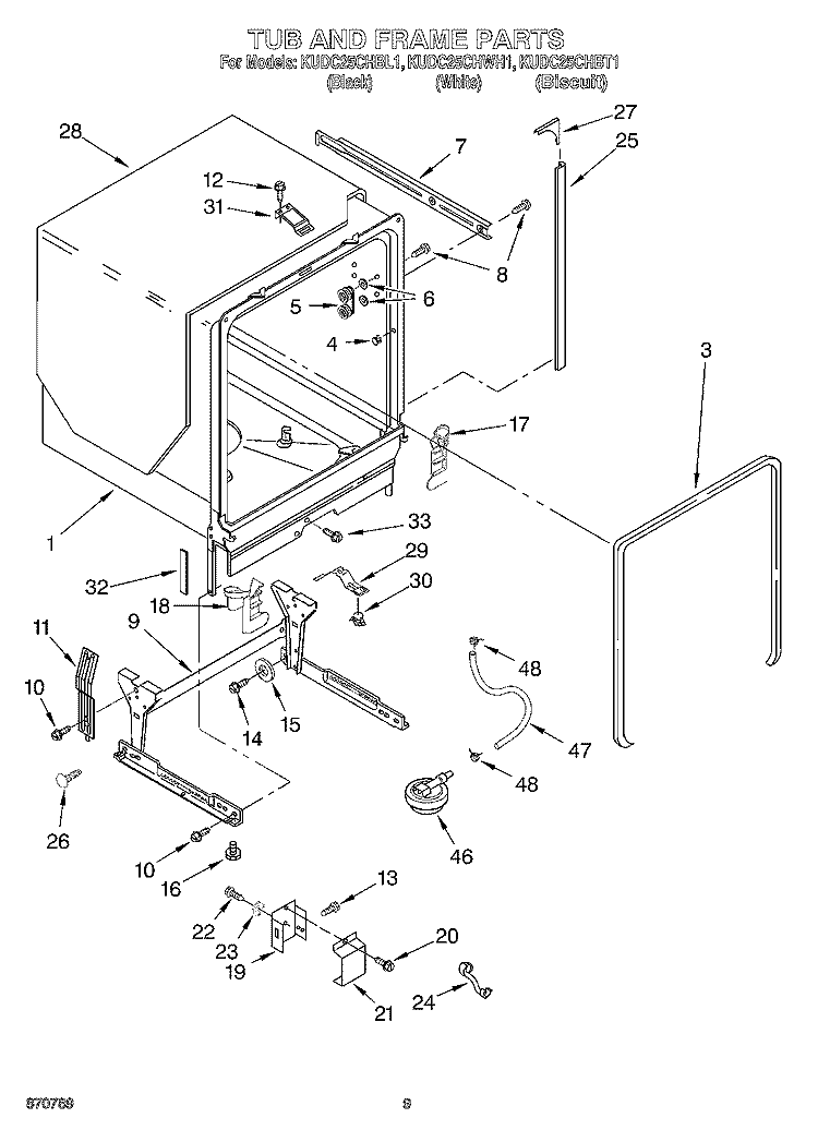 TUB AND FRAME Diagram and Parts List for KUDC25CHBT1  KitchenAid Dishwasher