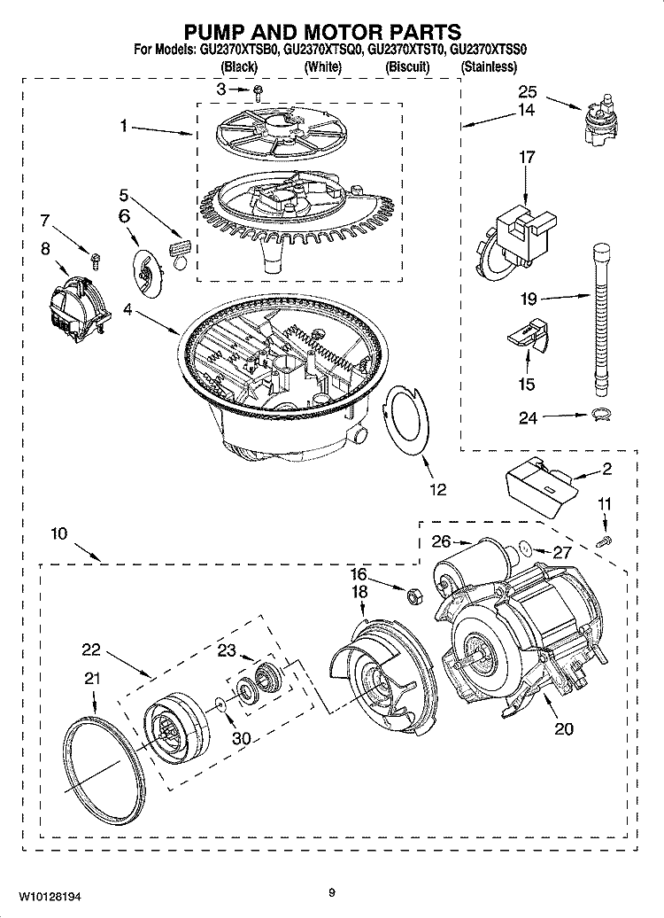 PUMP AND MOTOR PARTS Diagram and Parts List for GU2370XTST0  Whirlpool Dishwasher