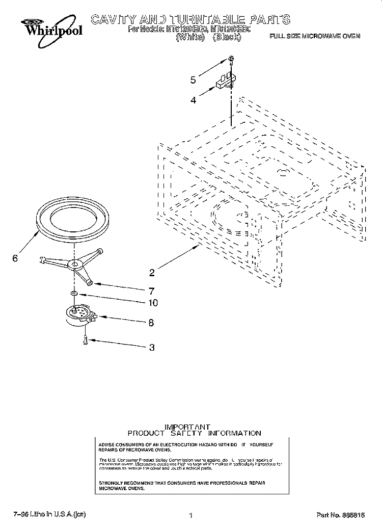 CAVITY AND TURNTABLE, LIT/OPTIONAL Diagram and Parts List for MT6120XEQ0  Whirlpool Microwave