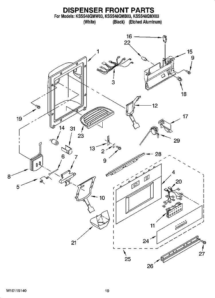 DISPENSER AND FRONT PARTS Diagram and Parts List for KSSS48QMB03  KitchenAid Refrigerator