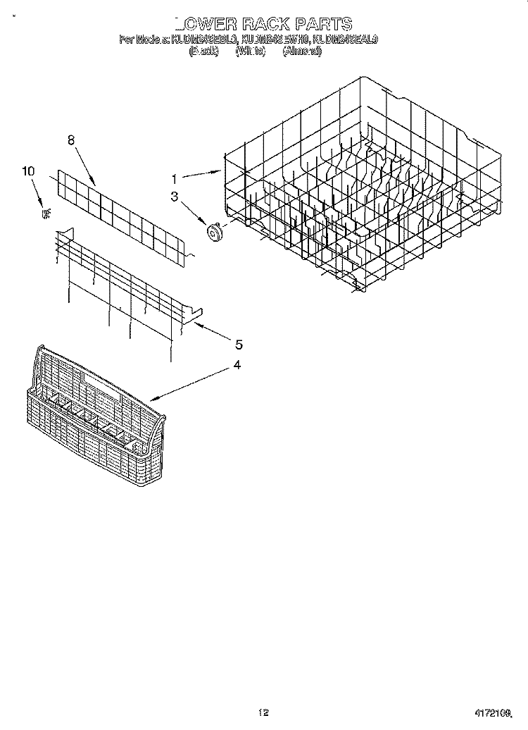 LOWER RACK Diagram and Parts List for KUDM24SEBL0  KitchenAid Dishwasher