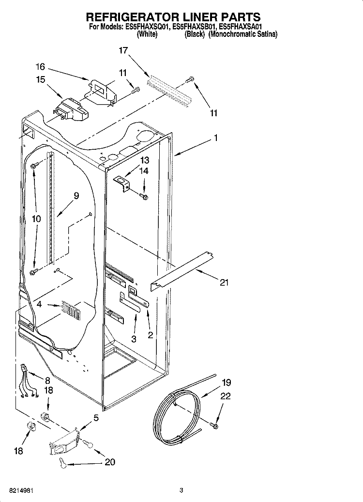 REFRIGERATOR LINER PARTS Diagram and Parts List for ES5FHAXSQ01  Whirlpool Refrigerator