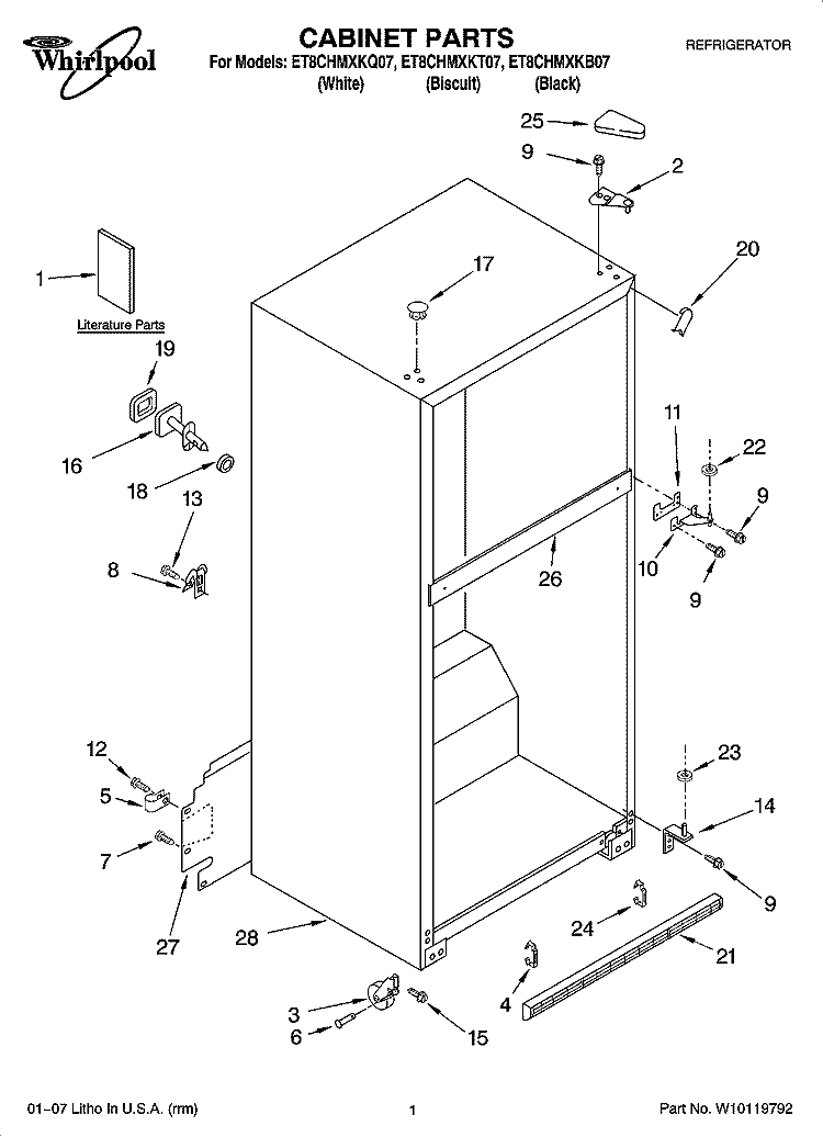 CABINET PARTS Diagram and Parts List for ET8CHMXKQ07  Whirlpool Refrigerator